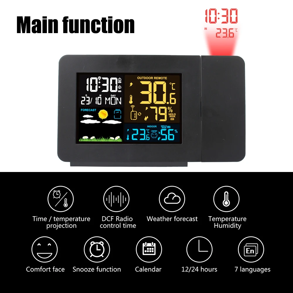 Digital Alarm Weather Station Indoor Outdoor Snooze Temperature With Time Projection EU LED Table Clock Humidity