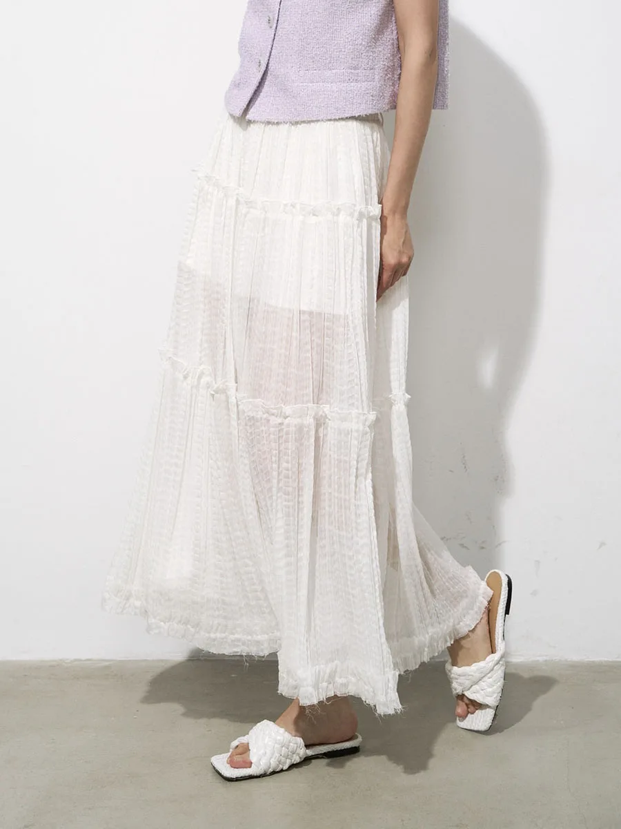 

Женская миди-юбка DeeSicile: романтичная белая плиссированная юбка А-силуэта с текстурой и ажурным краем, французский стиль, полиэстер, повседневная