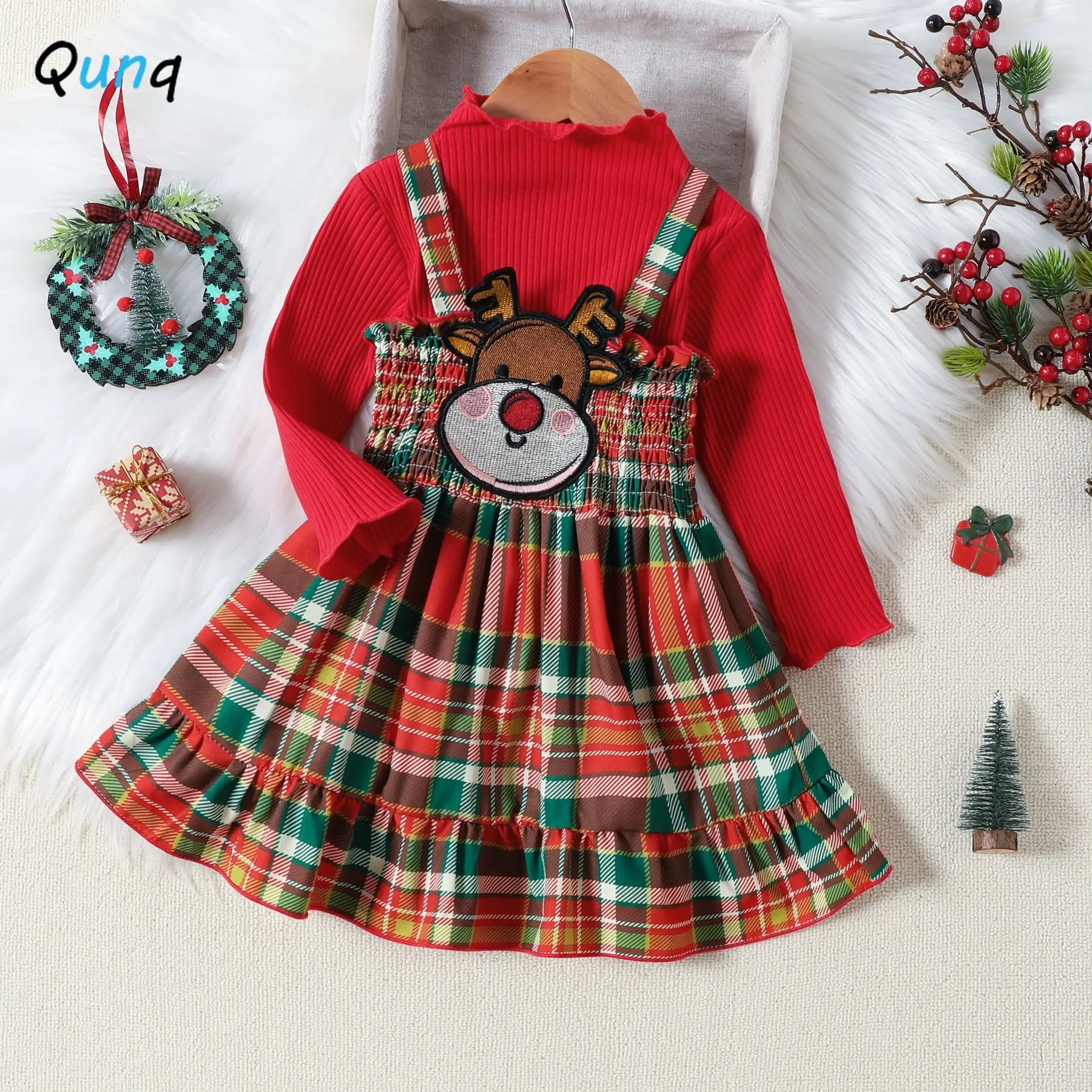 

Qunq 2023 Autumn Girls Christmas Costume Long Sleeve Top+Plaid Splice Halter Dress 2 Pieces Set Casual Kids Clothing Age 3T-8T