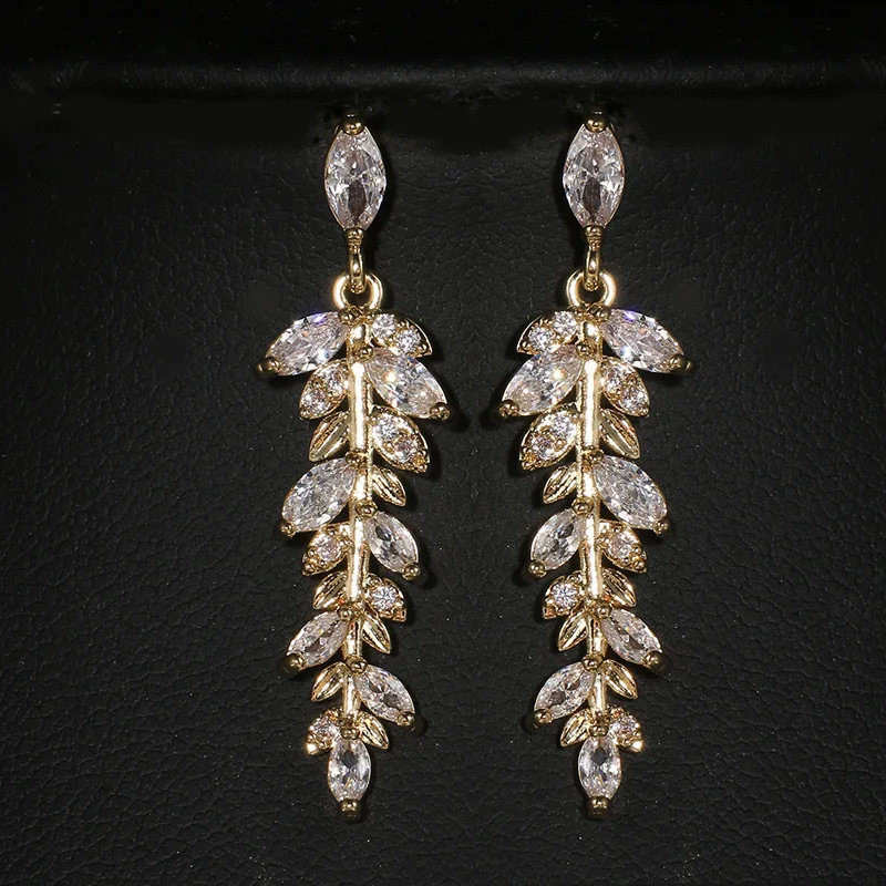 Europe and the United States cross-border hot-selling, tassel leaves long zircon earrings female Temu cross-border foreign