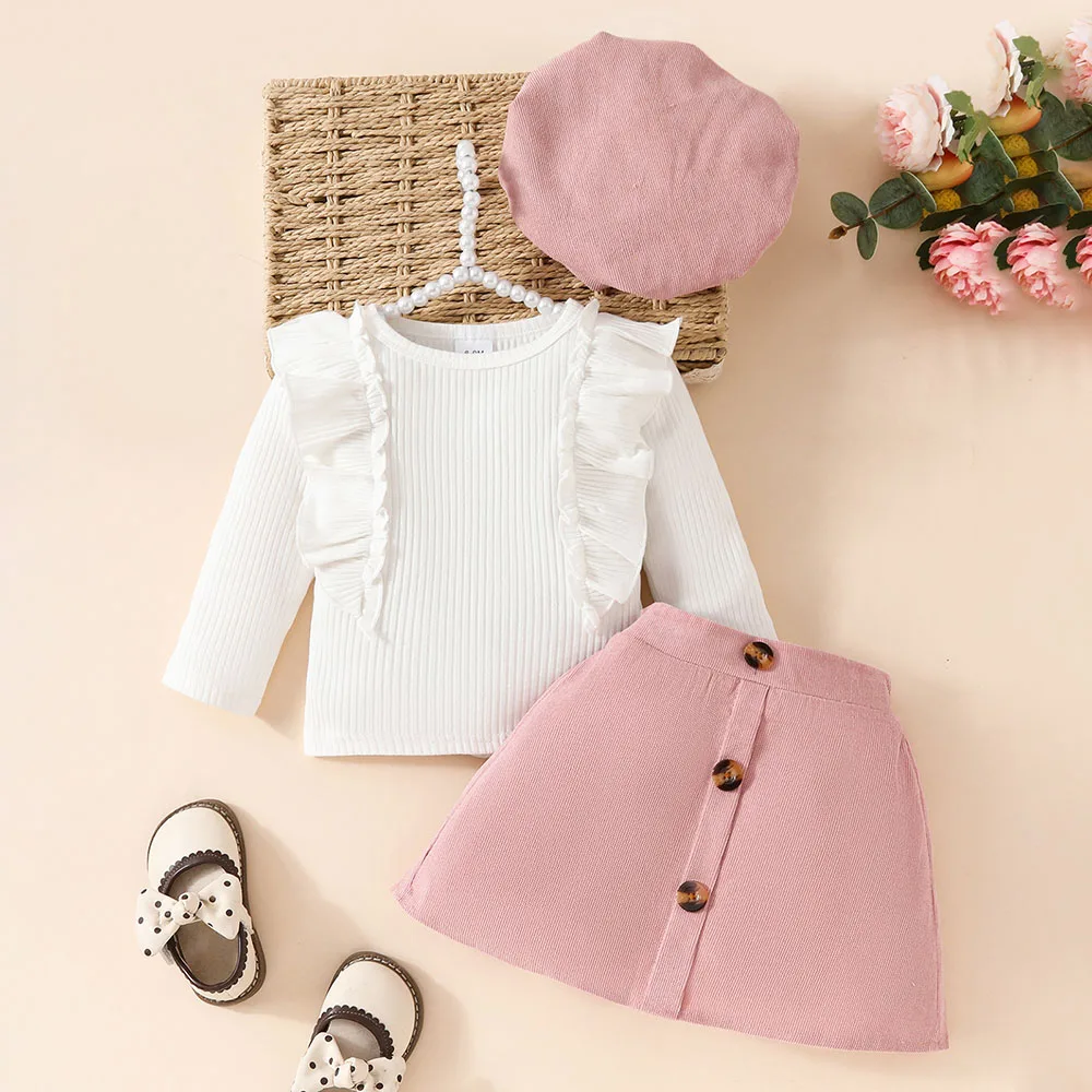 Spring Autumn Baby Girls Clothes Set 0-3Y Solid Color Base Top Elastic Waist Skirt and Beret 3Pcs Toddler Trend Outfit