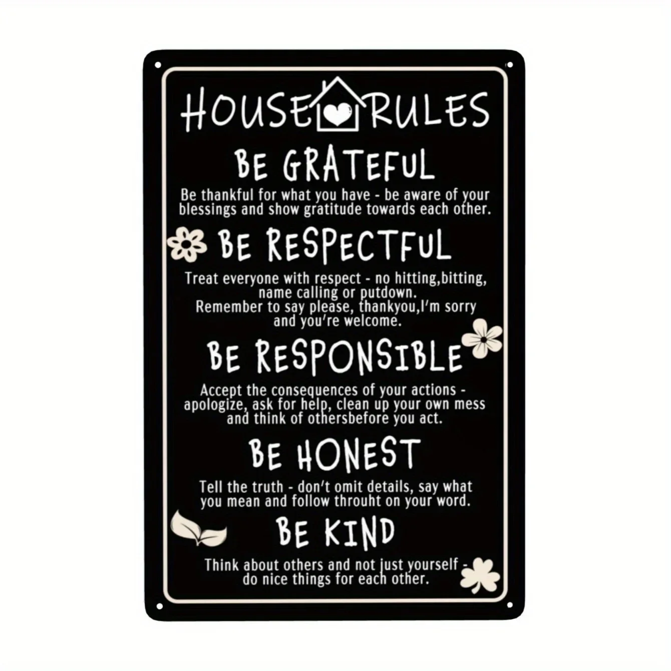 2D Flat, Lin Shuyue Vintage House Rules Metal Sign - Rustic Farmhouse Wall Decor with Be Grateful, Respectful, Responsible