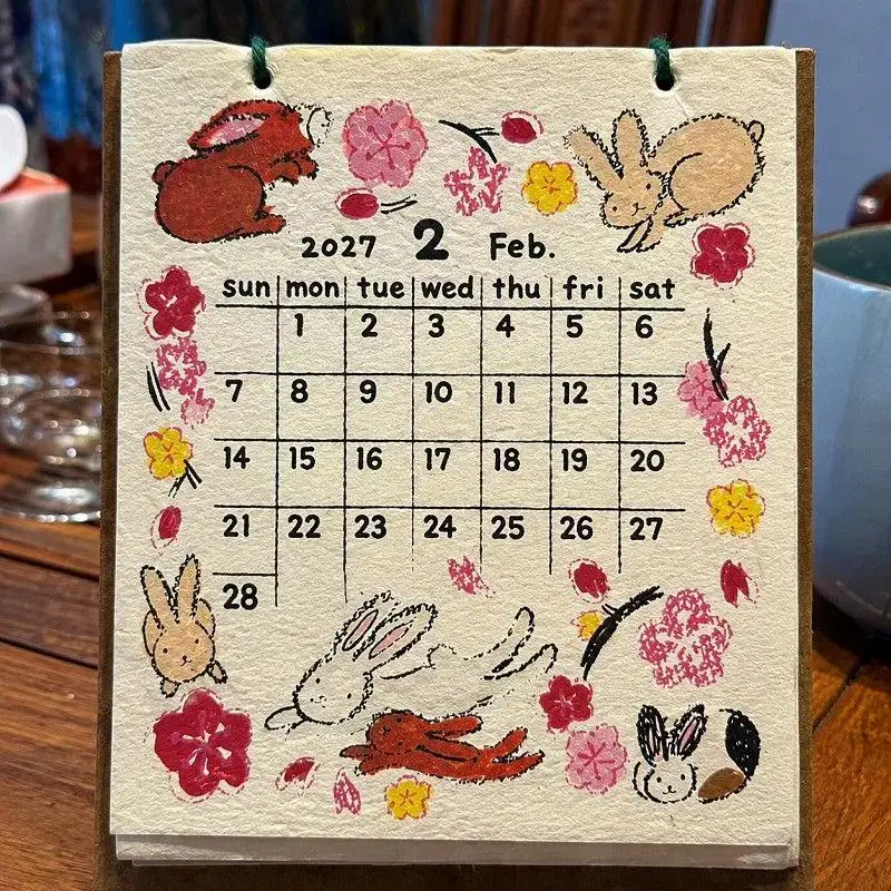 2027 Handmade Desk Calendar Lovely Cartoon Dog Print Portable Rope Handle Small Desktop Calendar for Home Office Desk Decor