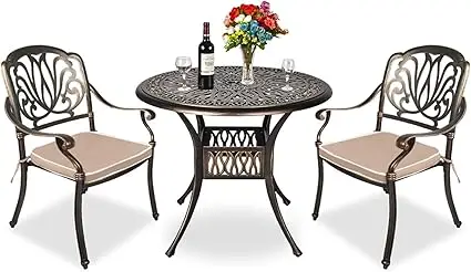 Factory Direct 2026 Includes Round Table and Chairs wi 3 Piece Patio Dining Set, All-Weather Outdoor Cast Aluminum Patio Furnitu