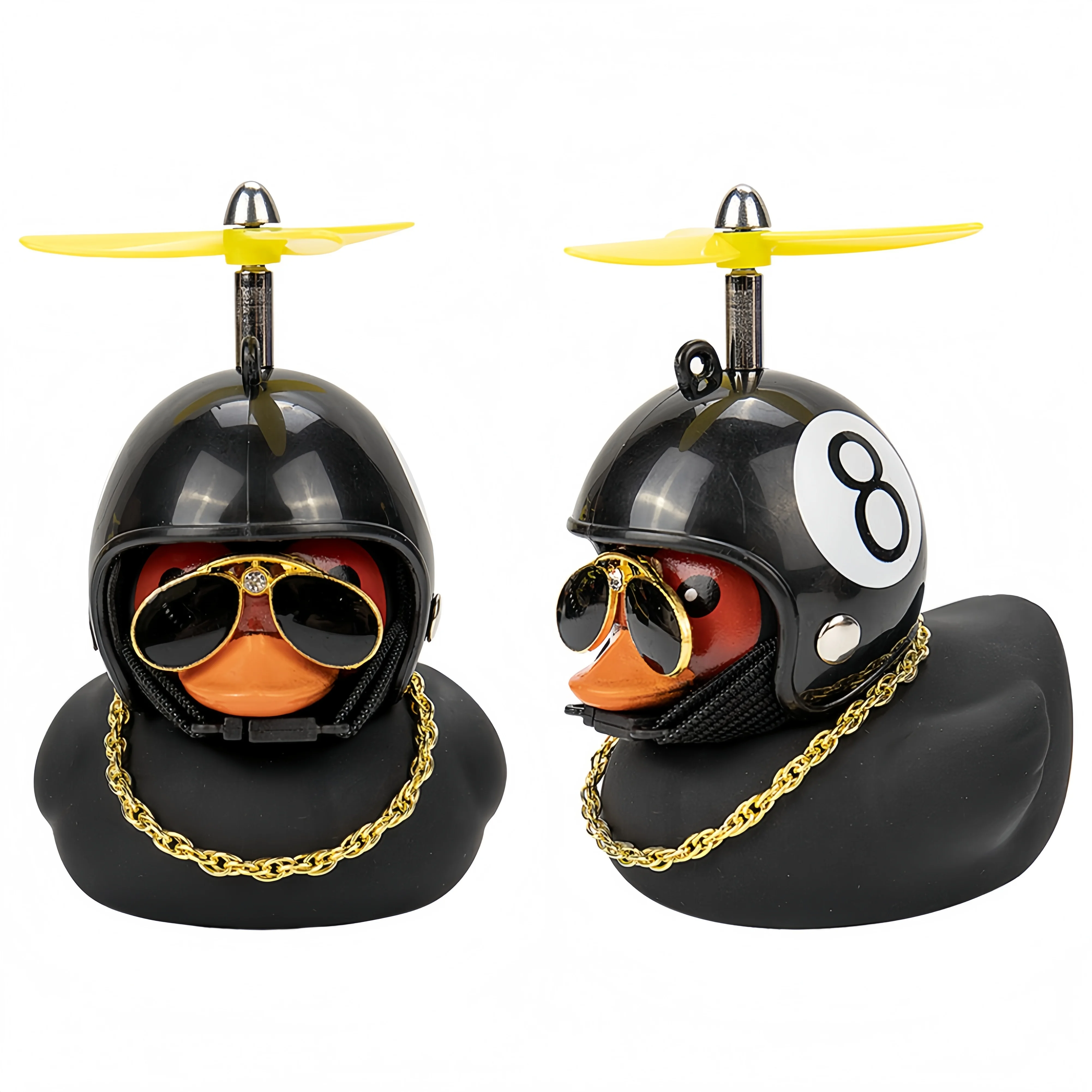 Schwarze Gummi-Ente als Auto-Armaturenbrett-Ornament mit Propeller, Helm und Sonnenbrille, Lustiges Auto-Innenzubehör, Fahrrad-Ornament, Geschenk – Detail 15