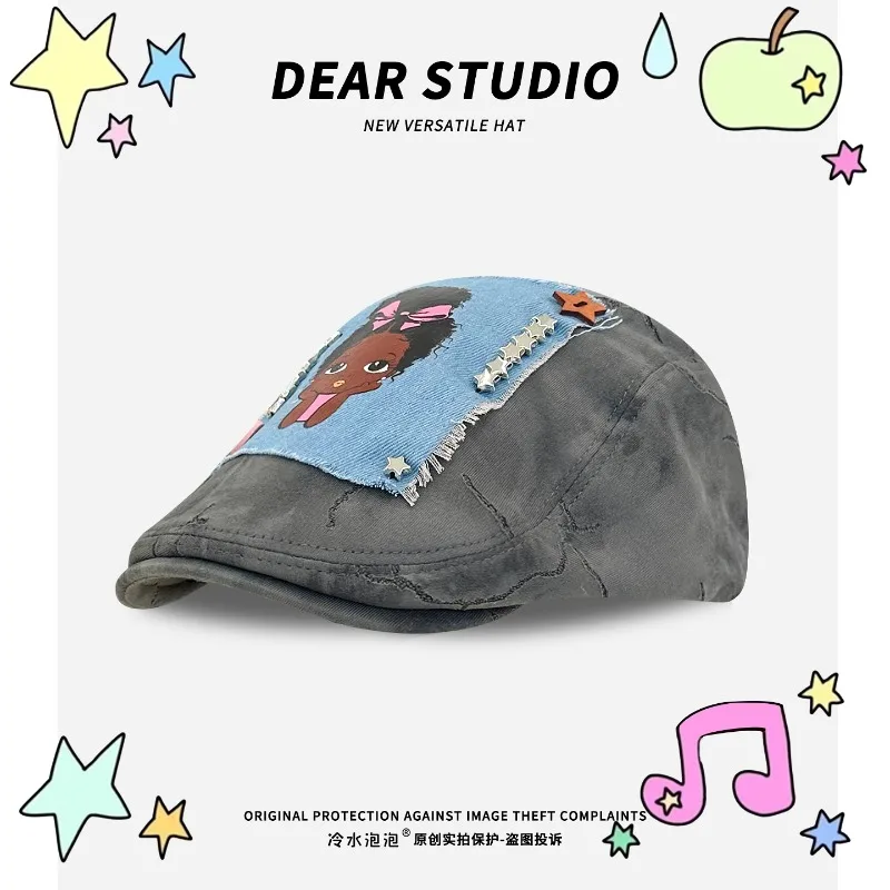 

Korean Y2k Niche Girl Star Crack Design Forward Hat Women's Spring and Autumn Personality Short Brim Sunshade Beret Cap