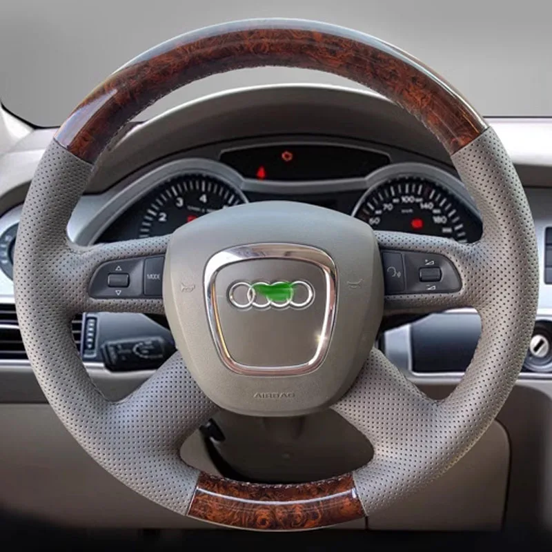 For Audi A3 A8 S8 Q5 Q7 2005-2013 Hand Stitched Peach wood grain grey Genuine Leather Car Steering Wheel Cover Car accessories