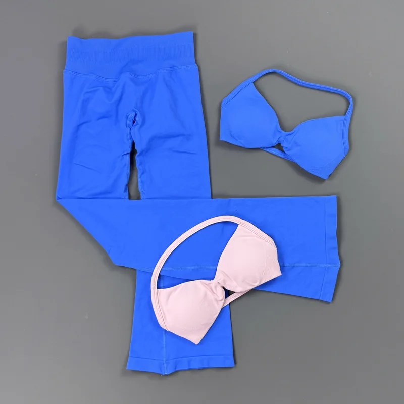 2 Piece Gym Set Women Halter Twist Front Sports Bra High Waist Flare Yoga Pants Pilates Activewear Suit Stretch Workout Outfit