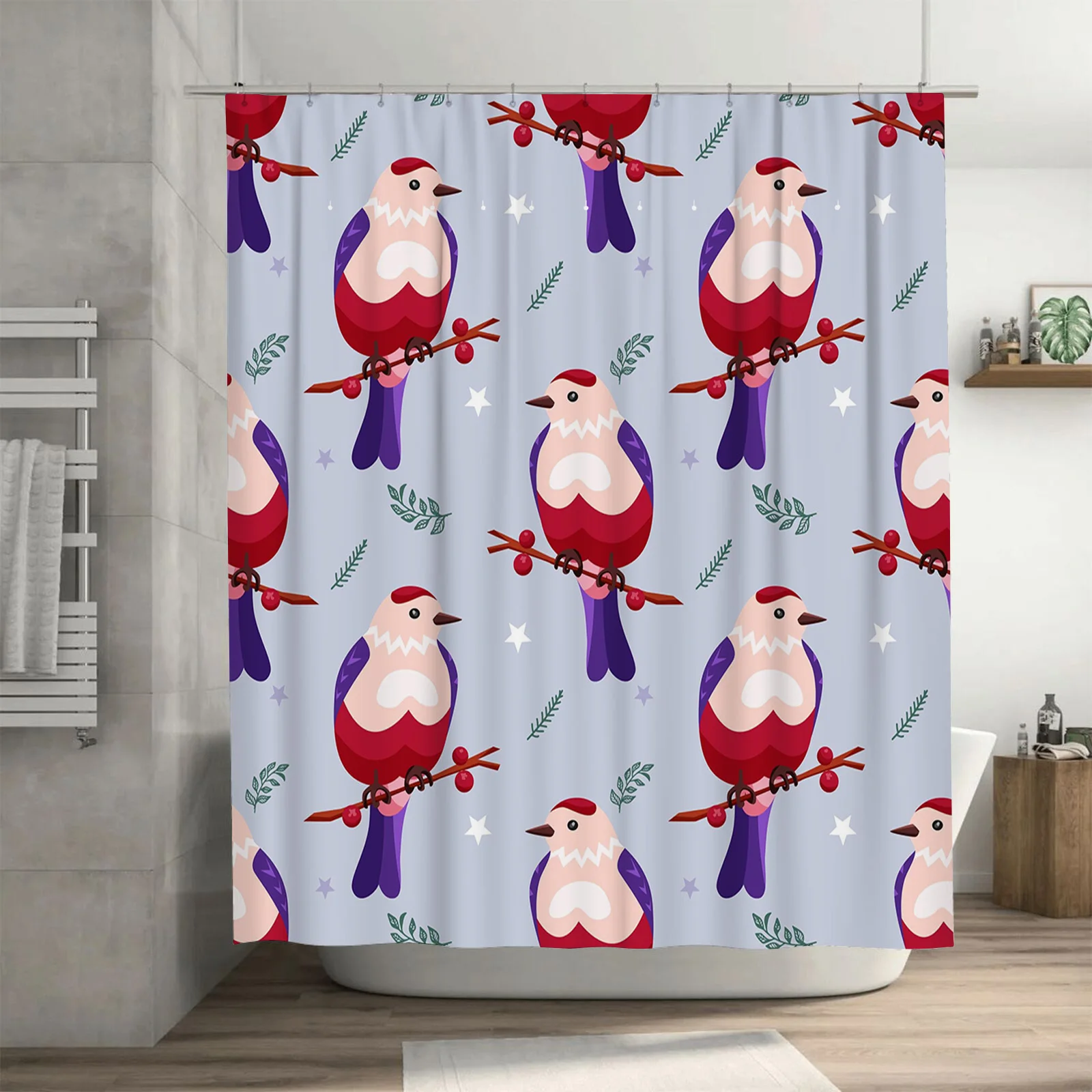 Christmas-themed shower curtain featuring colorful birds with red berries, suitable for bathroom decor during festive seasons 3D
