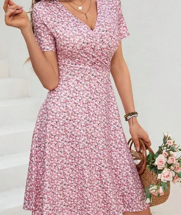 Minikleid mit Blumendruck, kurzärmelig, Midirock, Damenmode, Frühling, Sommer, V-Ausschnitt, Polyesterfaser, normales Taillenkleid – Detail 5