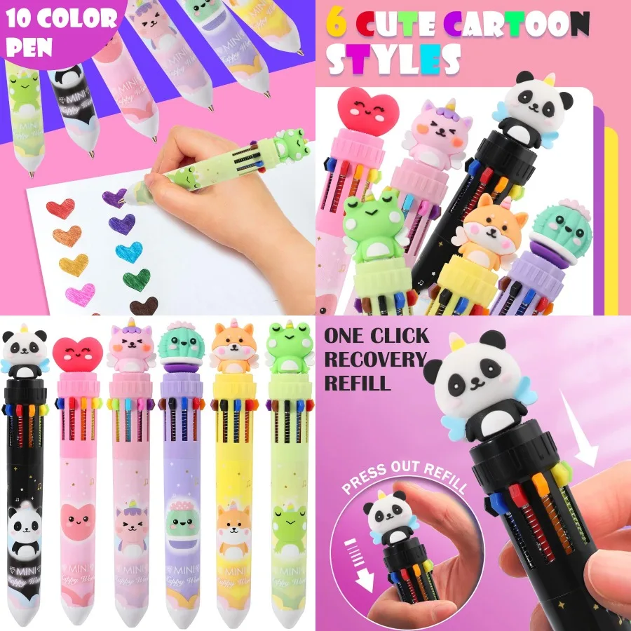 

Разноцветная шариковая ручка 0,7 мм, цветные ручки 10 в 1, тонкая выдвижная ручка с милым мультяшным животным, дизайн для спины в школу, офиса