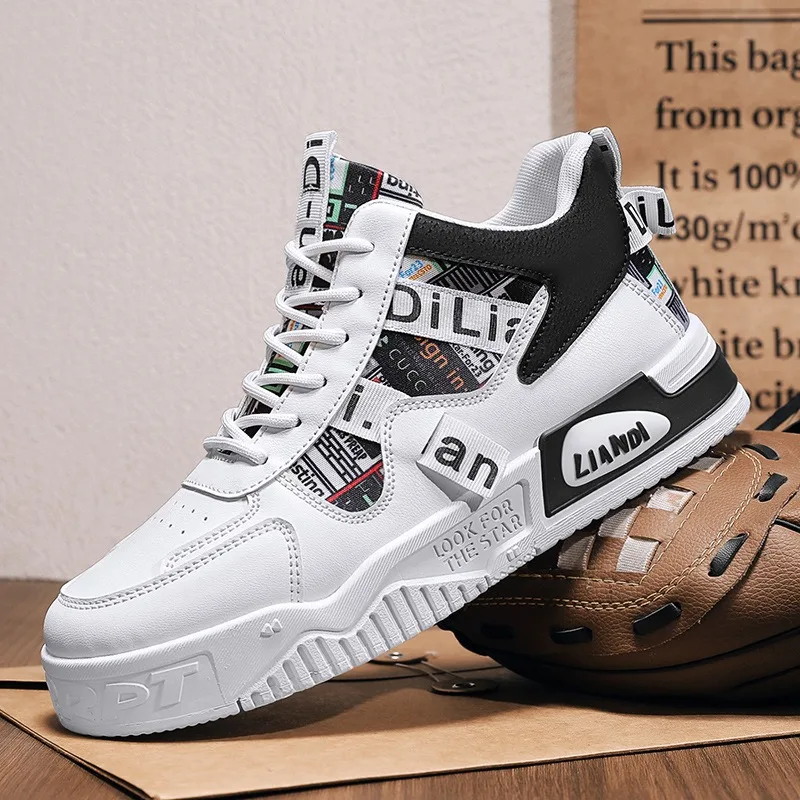 Men's Shoes Fashion Korean Version Leather Casual Shoes Trendy Street Skateboard Shoes Men's High-top Sneakers Chaussure Hommes