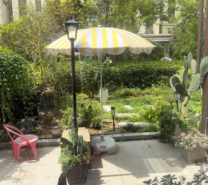 Yellow White Stripe Patio Parasol, Wave Edge Waterproof Sun Shade Umbrella for Garden Beach Terrace Outdoor Use