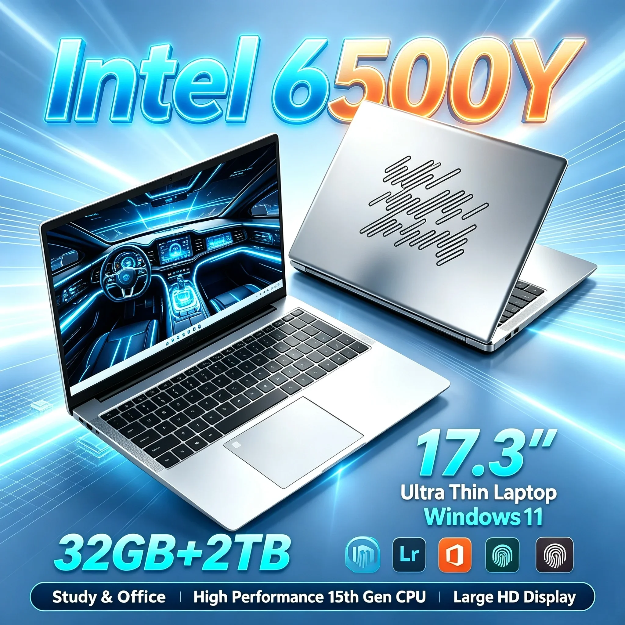 New 17.3'' Portable Big Screen Laptop Intel 6500Y 32GB RAM 2TB SSD Windows11 WiFi6 BT5.2 Notebook PC For Home Office Study Work