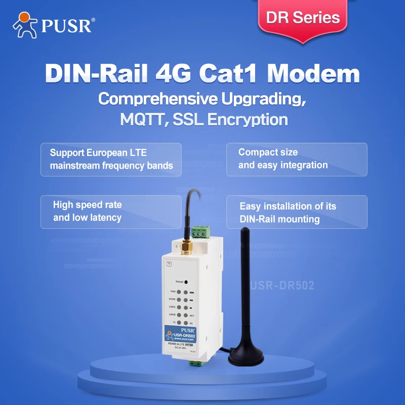 PUSR GSM GPRS seri RS485 4G LTE Cat 1 soket Modem seluler protokol distribusi USR-DR502-E Eropa