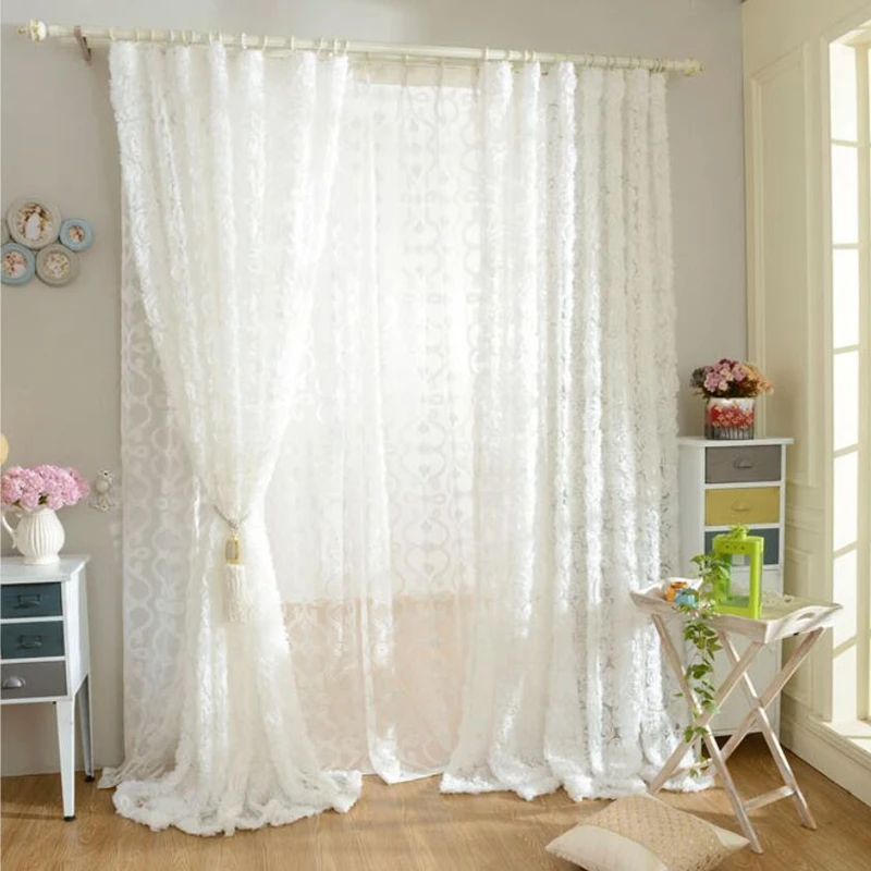 White Lace 3D Rose Curtains Voile Custom Window Screens For Marriage Pastoral Korean Creative Living Room Bedroom Drapes