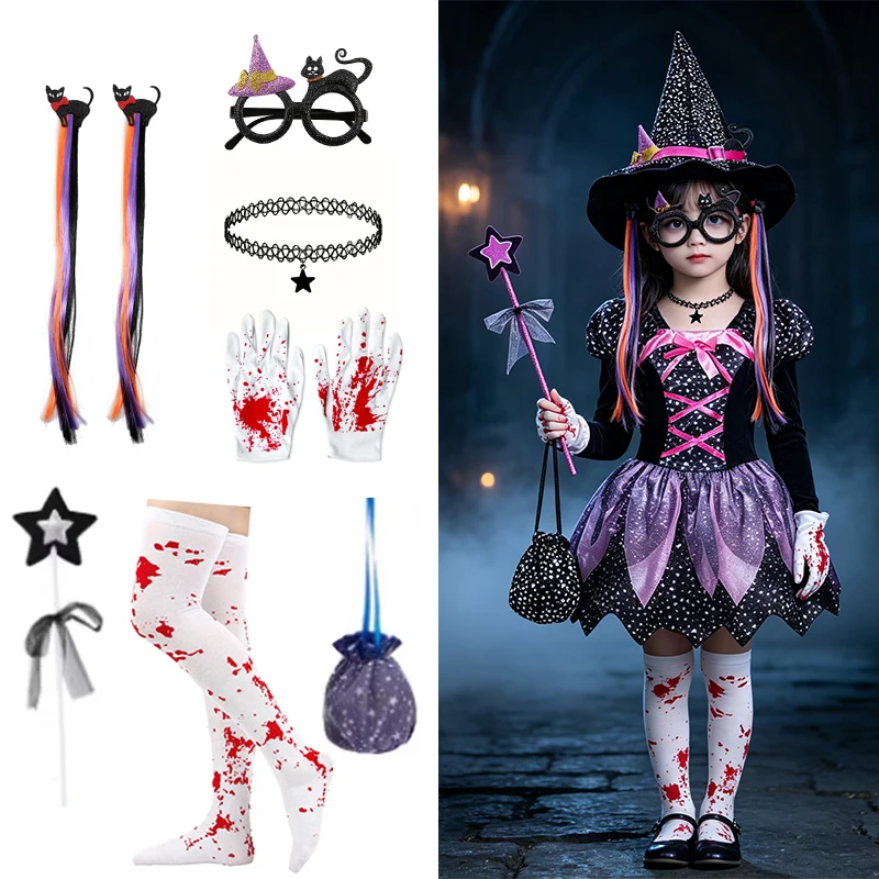Girls Halloween Witch Costume Sparkly Mesh Dress With Pointed Hat Kids Carnival Masquerade Cosplay Outfit For Party Performance
