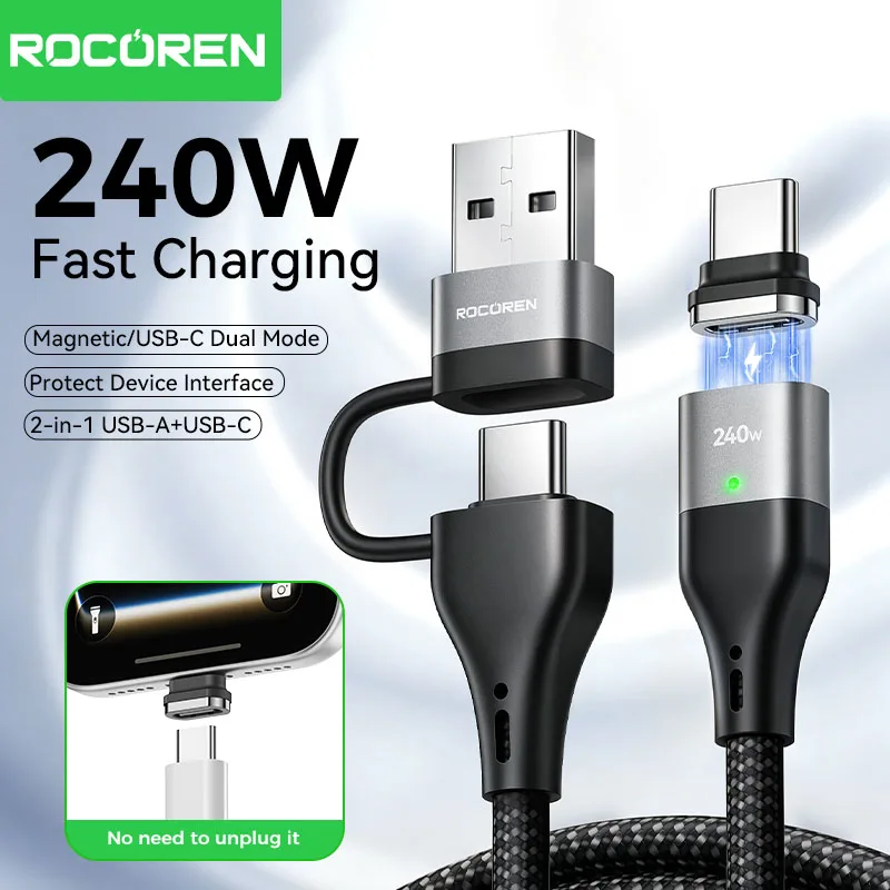Rocoren PD3.1 240W Magnetic Type C Cable For Macbook 5A Super Fast Charging Magnet USB-C Charger Data Cord For iPhone 18 17 Pro