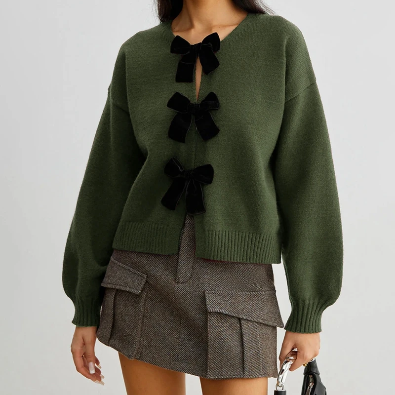 

Womens Y2k Tie Front Cardigan Sweaters Vintage Cute Bow Tie Long Sleeve Crew Neck Loose Crop Knitted Fall Winter Knitwear Jacket