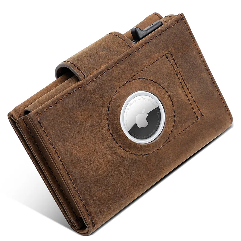 

Airtag Wallet for Men Crazy Horse Genuine Leather Men's Pop Up Wallet RFID Blocking Mens Credit Card Holder for Apple Air Tag