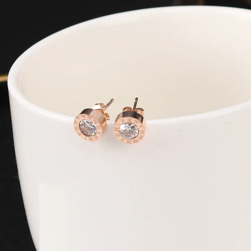 Luxury Titanium Steel Zircon Roman Numerals Stud Earrings for Women Female Jewelry