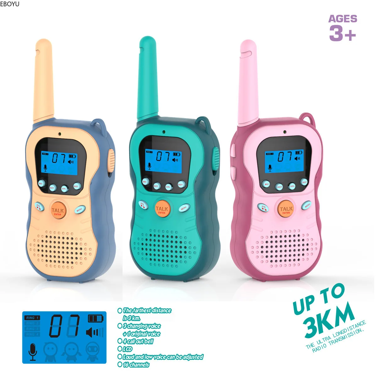 EBORbiomomi-Talkies walperforés pour enfants, changeur de voix, 16 canaux, radio bidirectionnelle, jouet LCD rétro4.2, portée de 3km, extérieur, camping, randonnée, 881