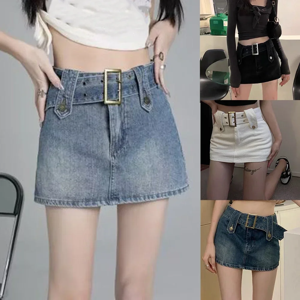 한국 여성 하이웨이스트 A라인 짧은 스커트, 섹시한 힙커버 스커트, 벨트 포함