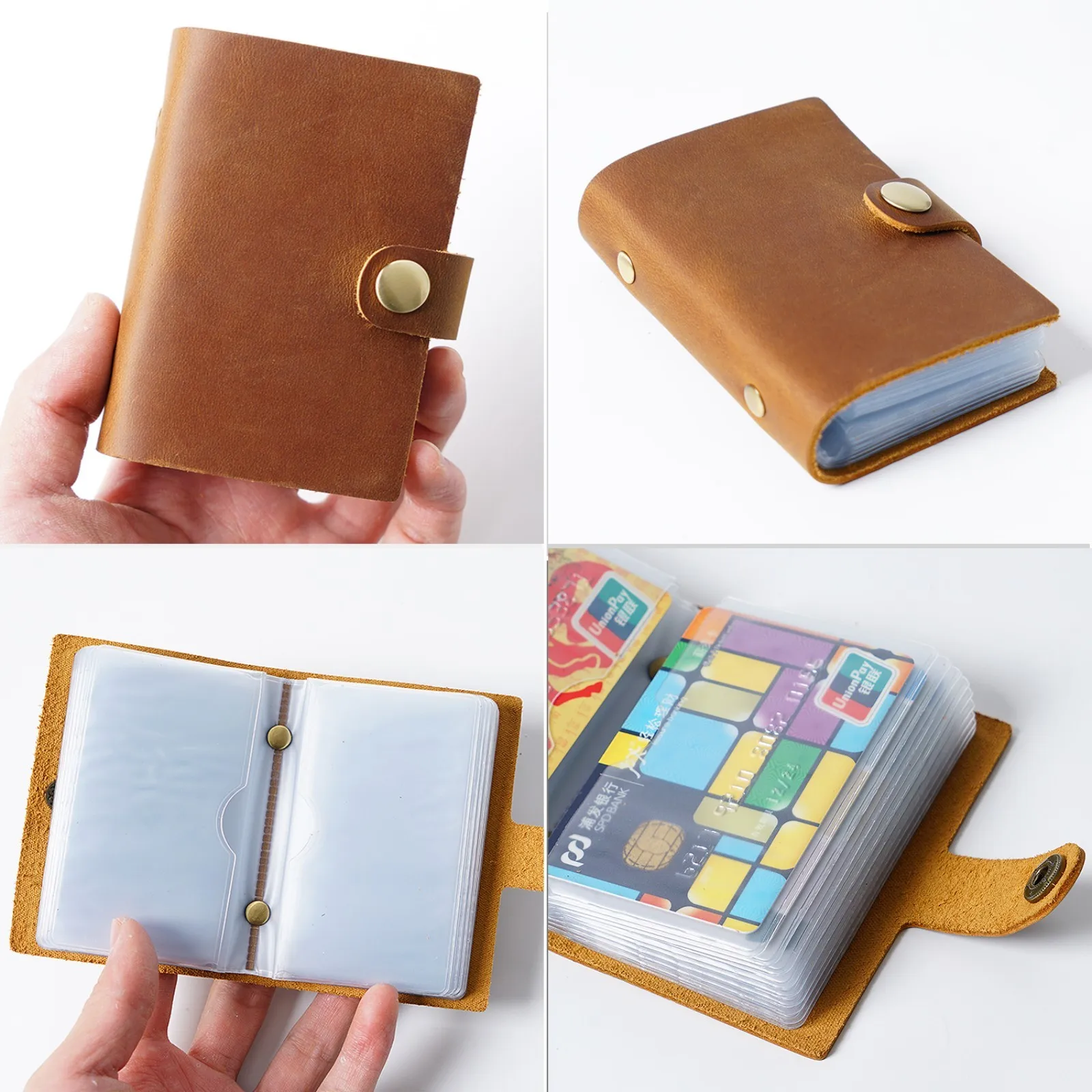 Vintage Leather Credit Card Wallet with 20 PVC Pocket, Minimalist Organizer Case Card Holder for Women Men with Snap Closure