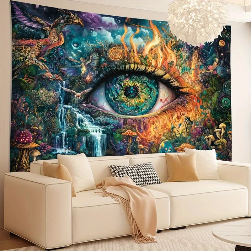 VIKAMA Trippy Fantasy Wall Tapestry Giant Eye Waterfall Jungle Color Mushroom Bird Hippie Spiritual Art Sofa Background Cloth