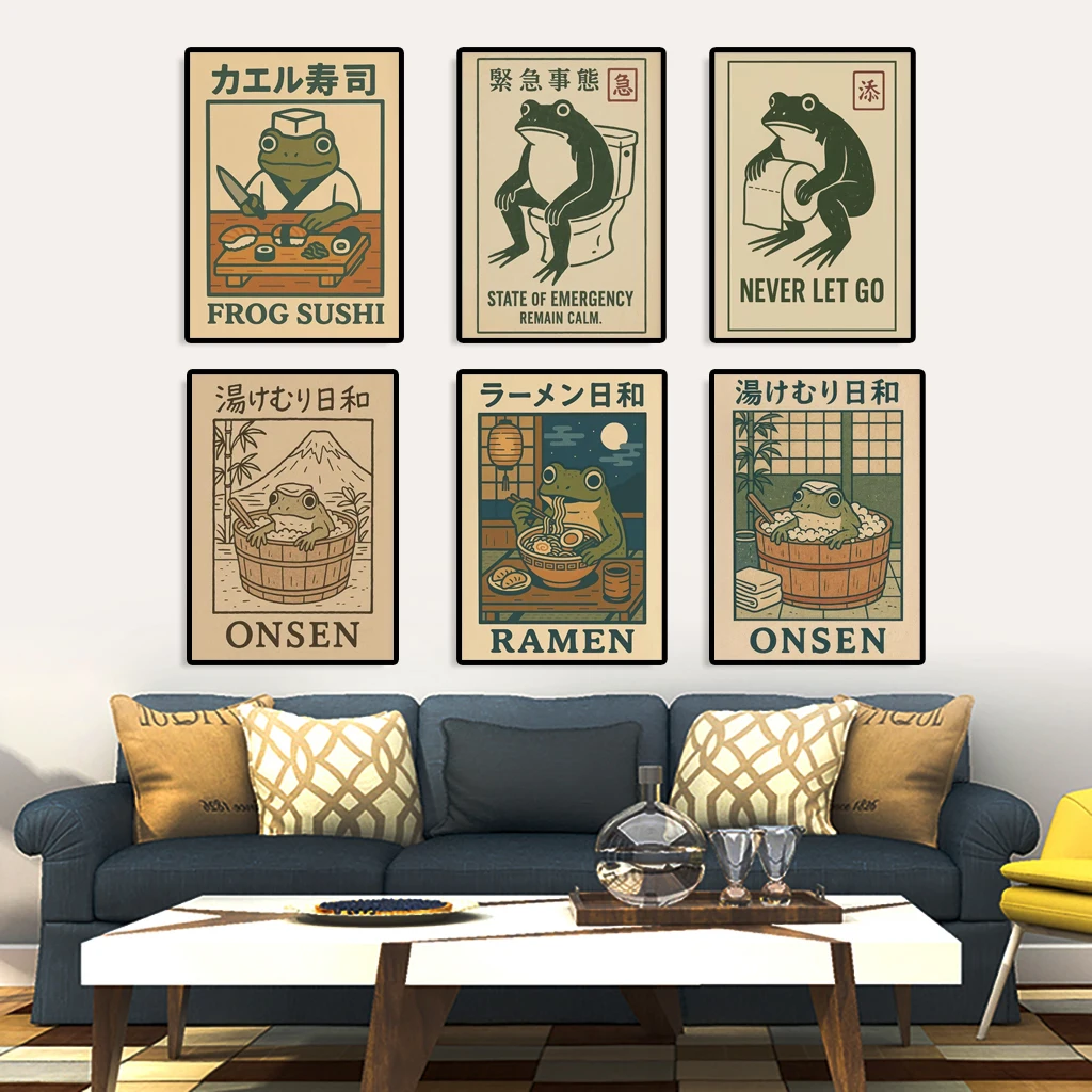 

Frog in the Bathtub Artwork Japanese Retro Fun Frog Eating Noodles Canvas Poster Modern Bathroom and Kitchen Home Decor