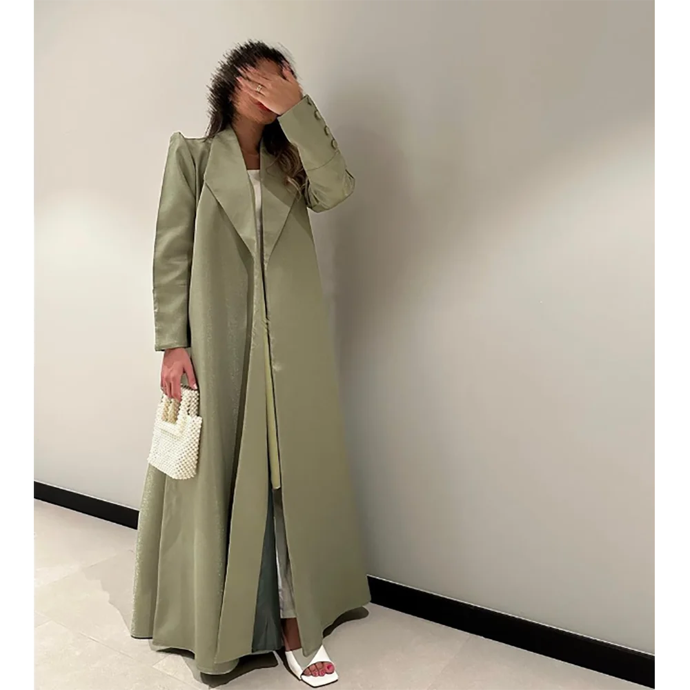 Light Green Satin Fabric Long Women Blazer One Piece Luxury High Quality Female Coat casaco feminino