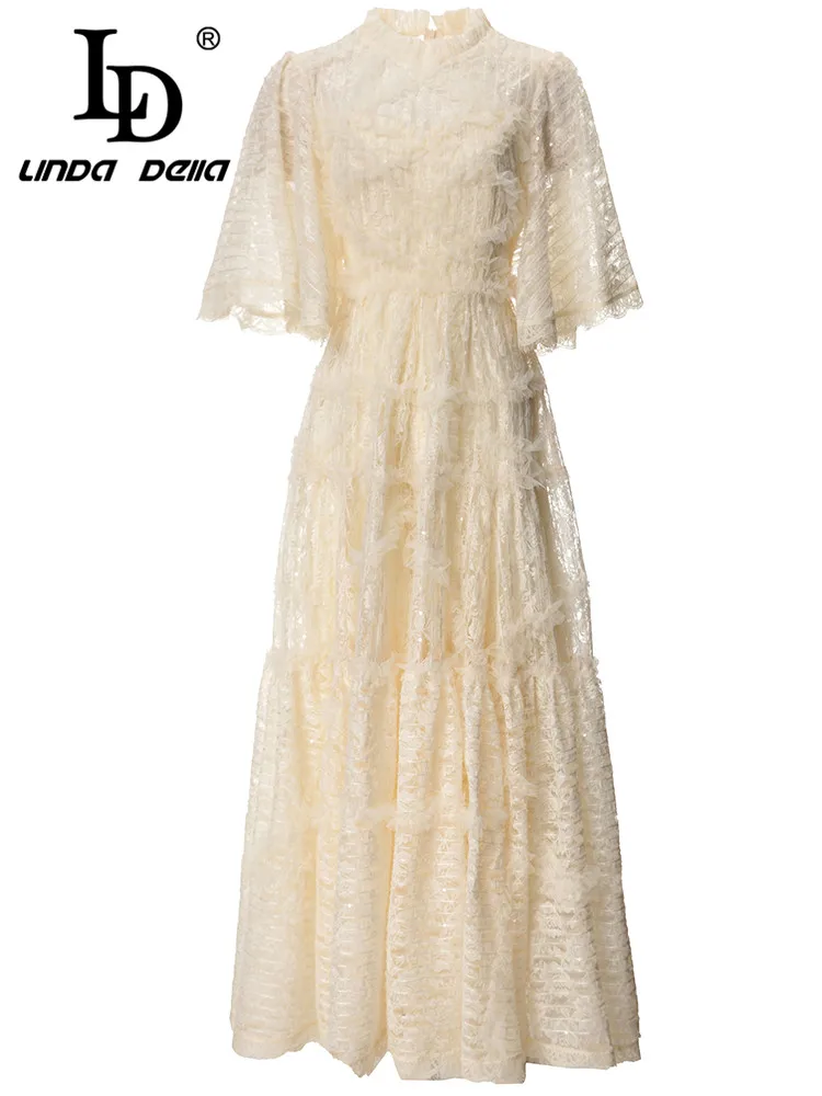 LD LINDA DELLA Summer New Style Cheap Casual Dress Women's off-white Round Neck Cascading Ruffle Sequin Splice Lace Long Dress