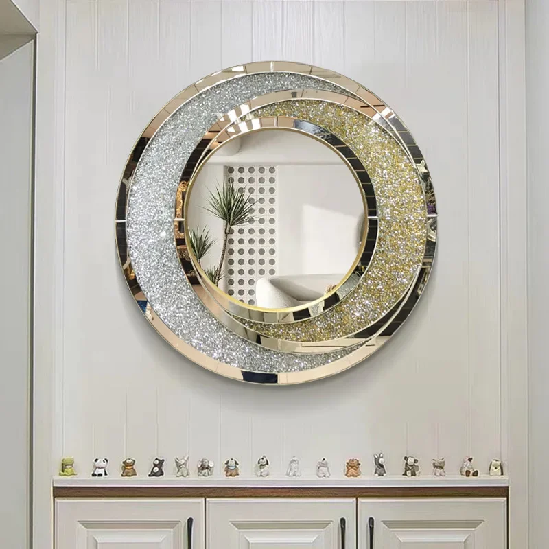 Light luxury diamond-set mirror round art mirror living room entrance wall-mounted decorative mirror European-style bathroom
