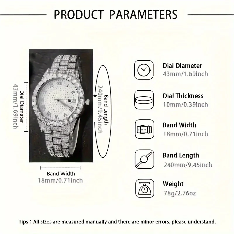 2pcs/set Elegant Water Diamond Watch and Cuban Chain - Sparkling Cubic Zirconia, Perfect Gift for Him or Her