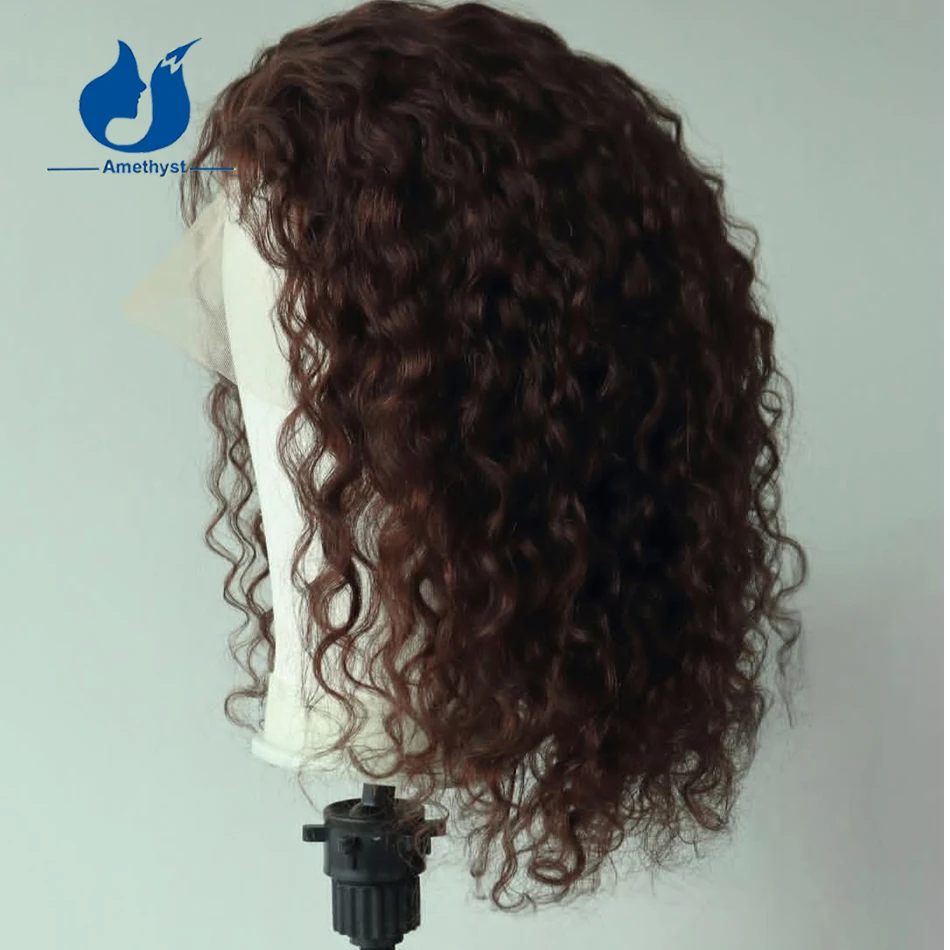 Amethyst Curly #3 Dark Brown Short Bob Wig for Men PrePlucked 13x6 Lace Front Cap Brazilian 100% Human Hair 150% Pre Styled