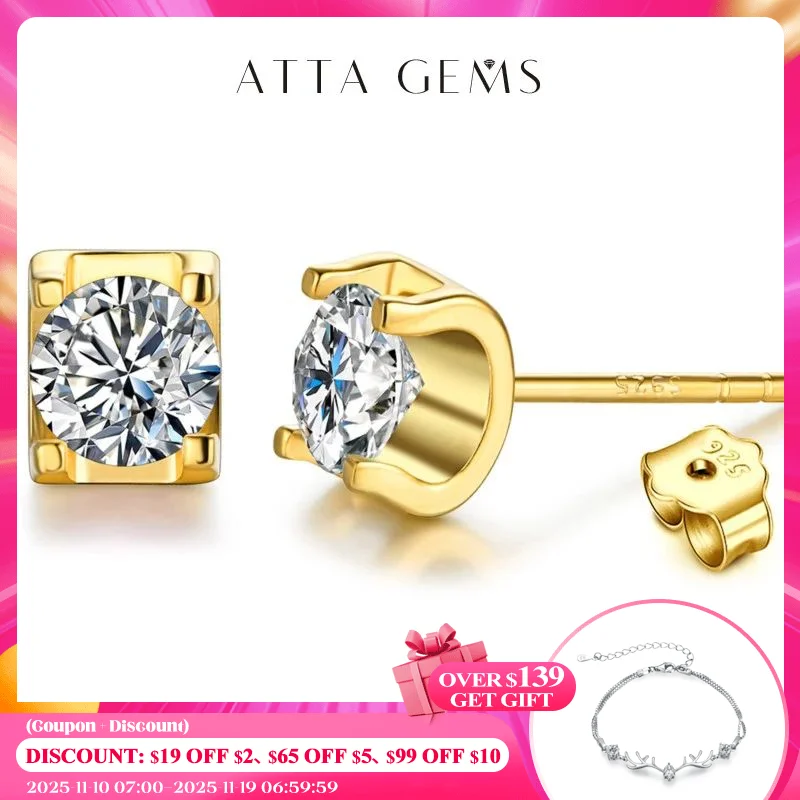 

ATTAGEMS 0.5 Carat D Color Moissanite Diamond Stud Earrings For Women 18K Gold Plated Sparkling Engagement Earrings Fine Jewelry