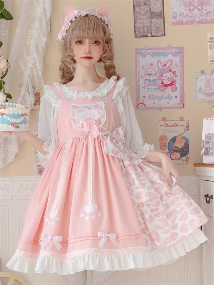 

Cute Cat Claw Kawaii Style Pink Lolita Jsk Lovely Sweet Leopard Summer New High Waist Princess Anime Girls Loli Dress