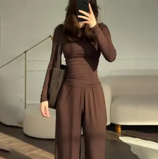 

2025 Summer Women's New Fashion Round Neck Slim Fit Casual Versatile Loose Elastic Wide Leg Pants Set for Women