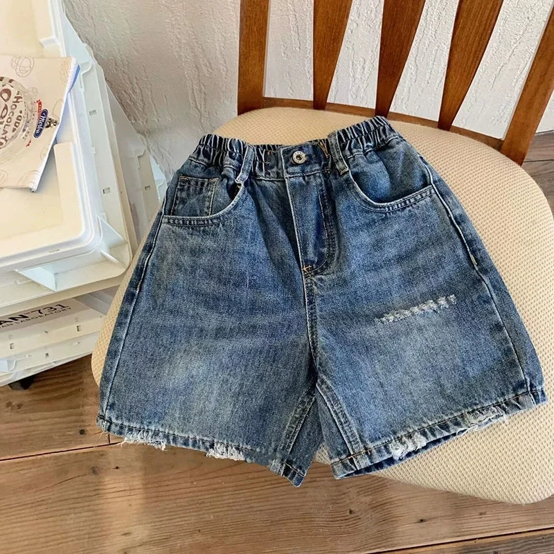 Summer Fashion Shorts Boys' Casual Denim Pants Girls' Casual Pants Children's Solid-Colour Distressed Pant New Kid Bottoms 2-10Y