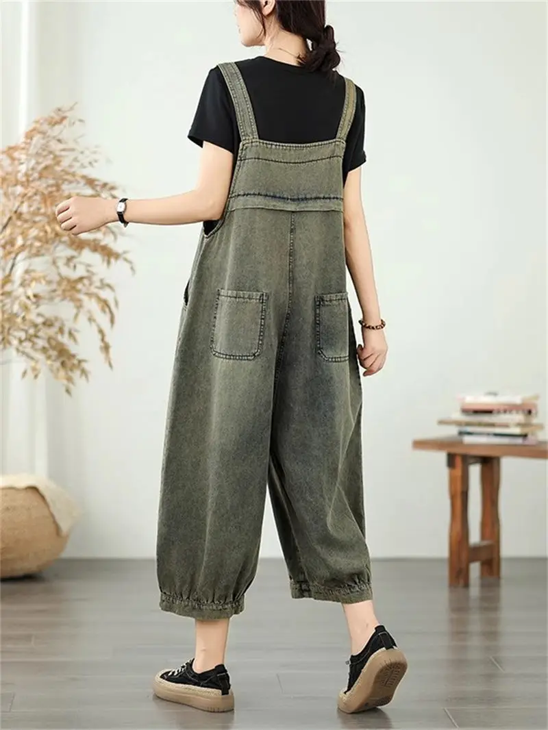 المرأة الصيف وزرة الدنيم فضفاضة واسعة الساق بذلة مع الأزهار التطريز جيب خمسة أرباع طول جينز غير رسمي رومبير G917