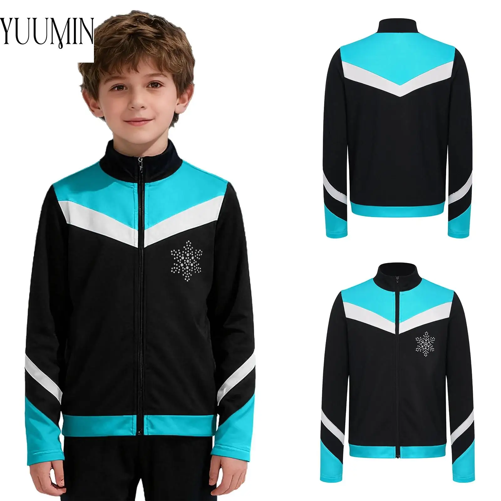 Kids Boys Figure Skating Jacket Training Dance Gymnastics Costume Top Long Sleeve Fleece Lining Rhinestone Snowflake Jacket Coat