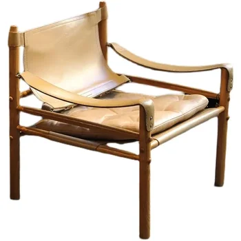 Spanish hunting chair, retro solid wood single sofa chair, outdoor camping, saddle leather, casual back chair
