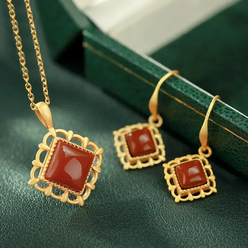 Original silver inlaid natural South Red geometric jewelry set Chinese style retro court charm women's Christmas Halloween Gift