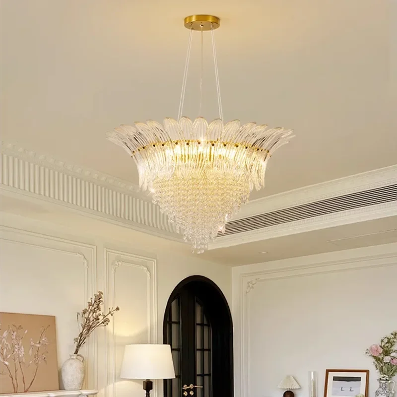 Candelabro francés de cristal para comedor, villa de estilo retro de lujo, sala de exposiciones, hoja de cristal, dormitorio europeo, sala de estar