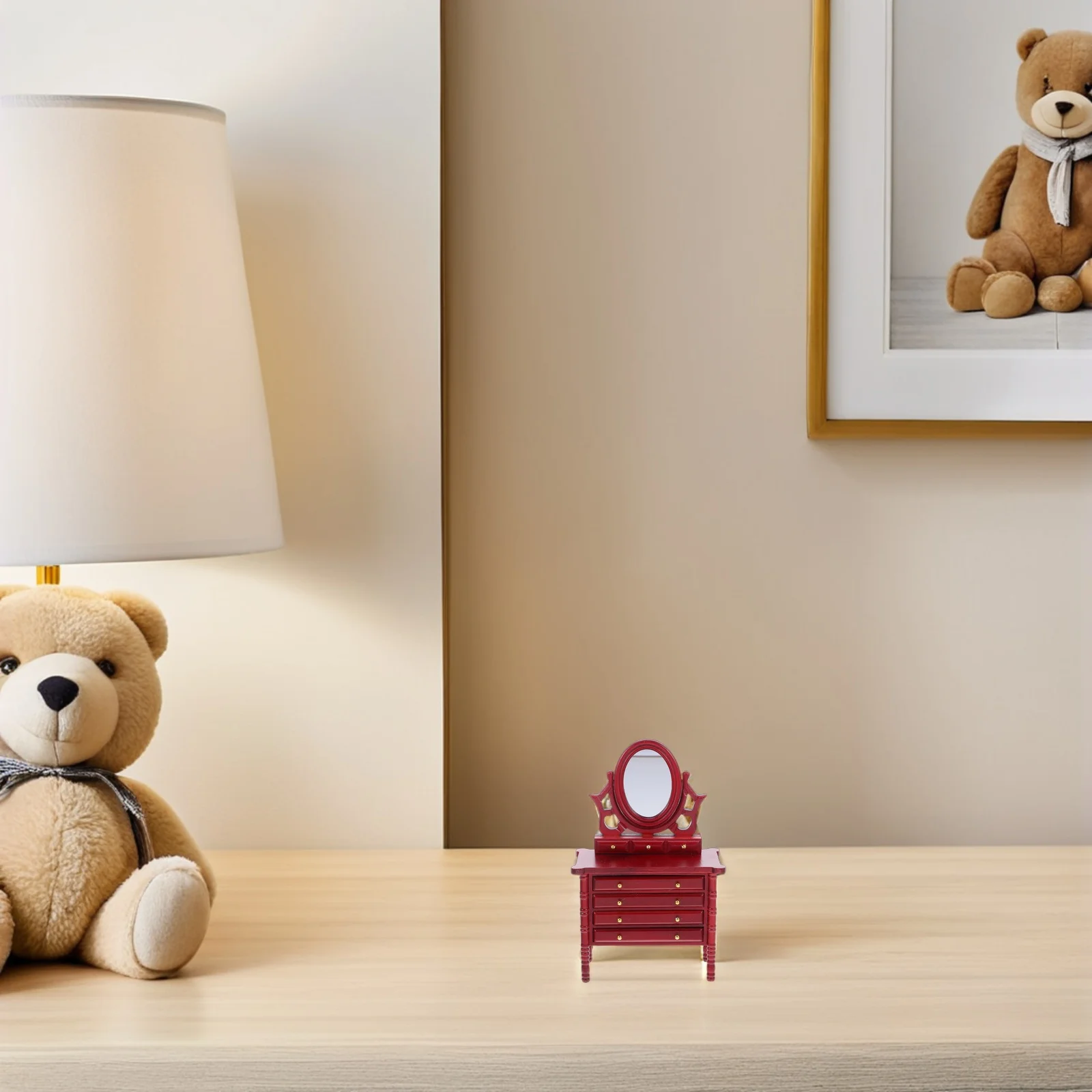 Mesa de tocador para casa de muñecas en miniatura, escala 1:12 con cajones de espejo, Mini tocador de madera para casa de muñecas, muebles de dormitorio Mini