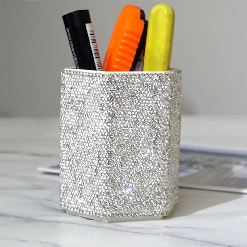 Bling Diamond Pen Container Pencil Holder Makeup Brush Storage Box Rhinestone Desktop Dressing Table Organizer Tools Bottles