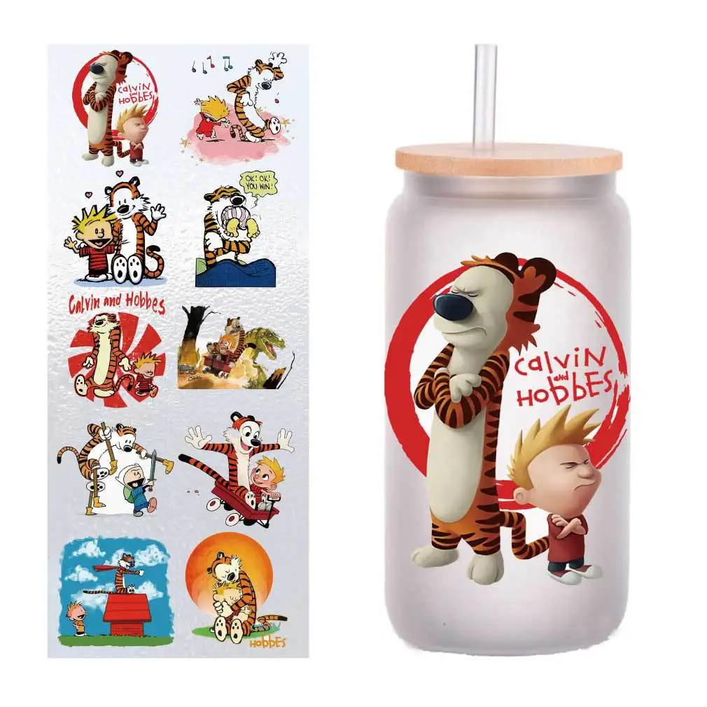 

10 PCs/Pack Calvin and Hobbes UV transfer stickers Crystal label DIY Cup stickers customized four inches