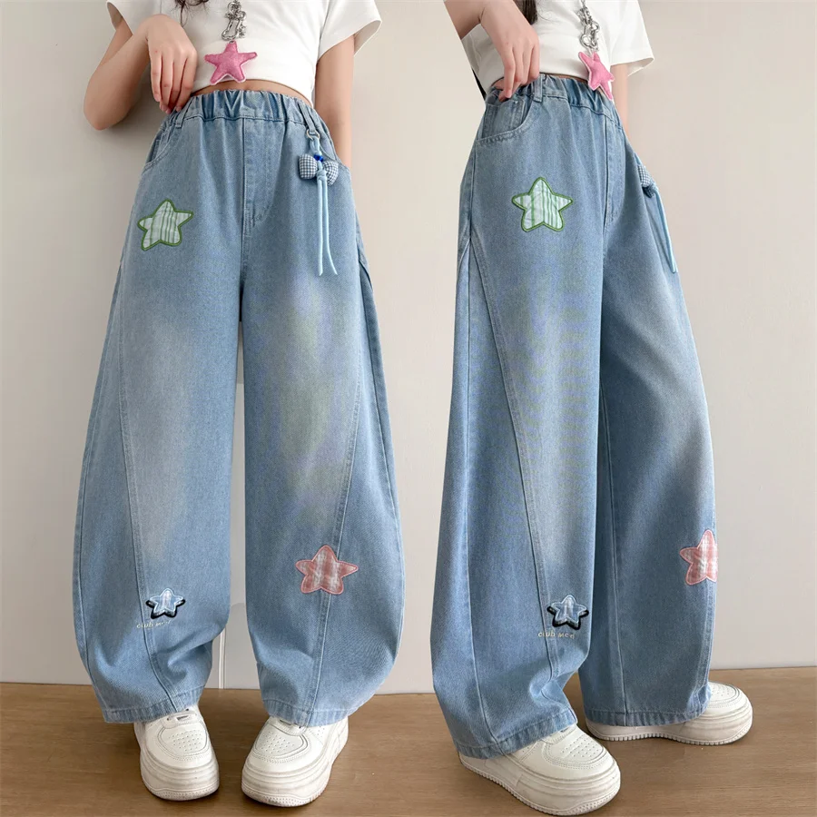 

New Hot Sale Children Fashion Star Jeans with Pendant for Teen Girls Stylish Street Denim Pants Kids Trendy Jeans Trousers 5-14Y