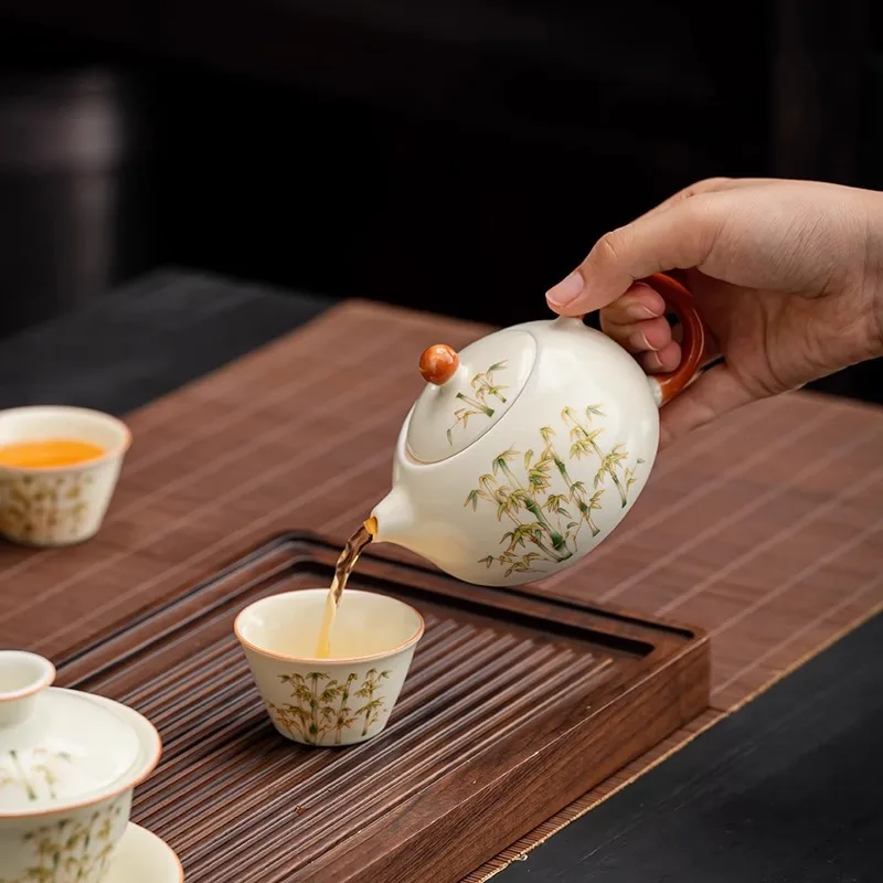 Ru Kiln Gold Thread Bamboo Rhythm Kung Fu Tea Set for Home Use, Light Luxury High-end Office Tea Brewing Special Teapot, Gaiwan,