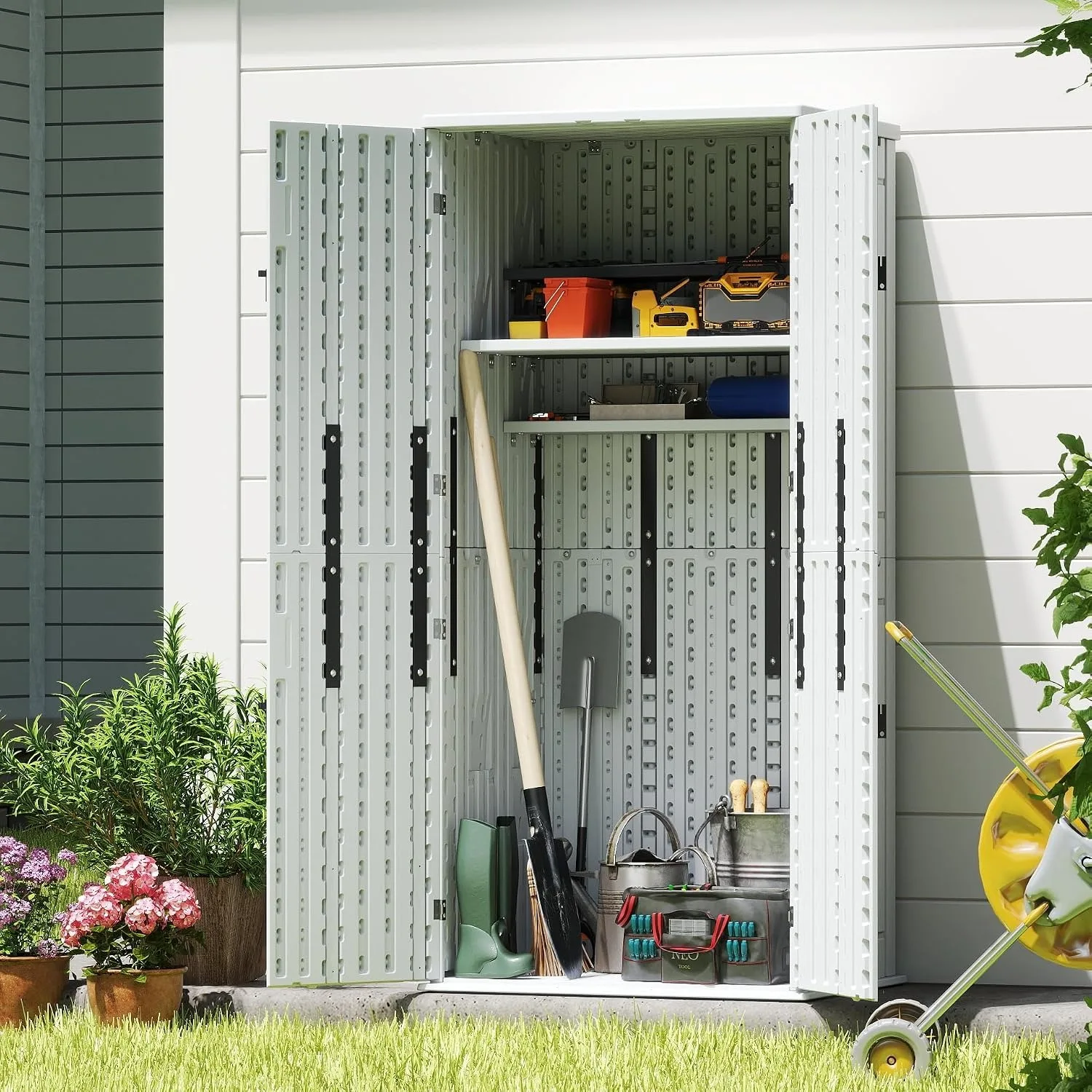 Heavy Duty Tall Storage Cabinet Outdoor Weatherproof, 28 Cuft Garage Storage Cabinet with 4 Adjustable Shelves, Lockable Kitchen Pantry Closer Organizer, 31Wx23Lx66H, Polar White